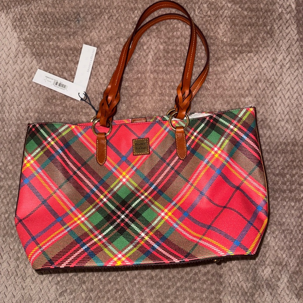Dooney & Bourke Red Plaid Tote with Brown Handles